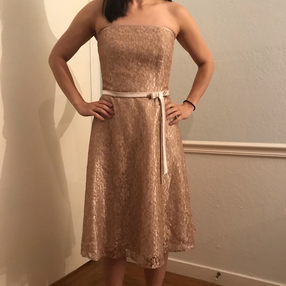 Scott McClintock Nude lace overlay dress with bow